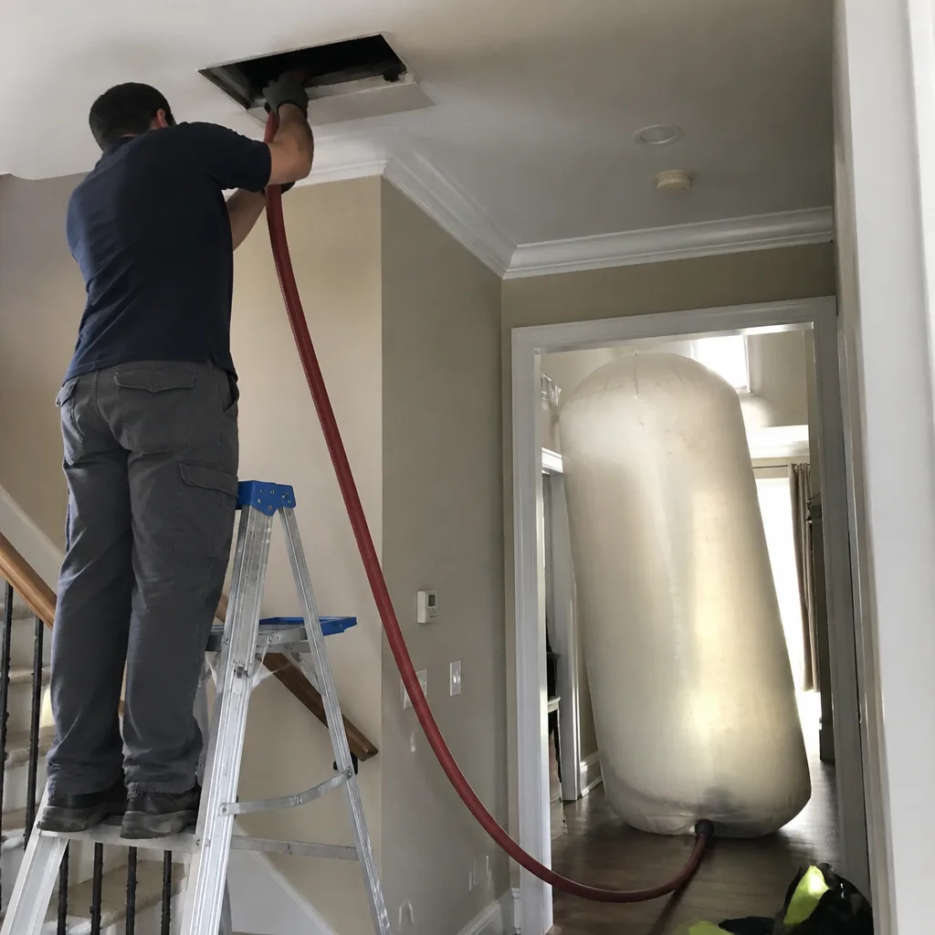 Technician using a vacuum hose for professional residential air duct cleaning