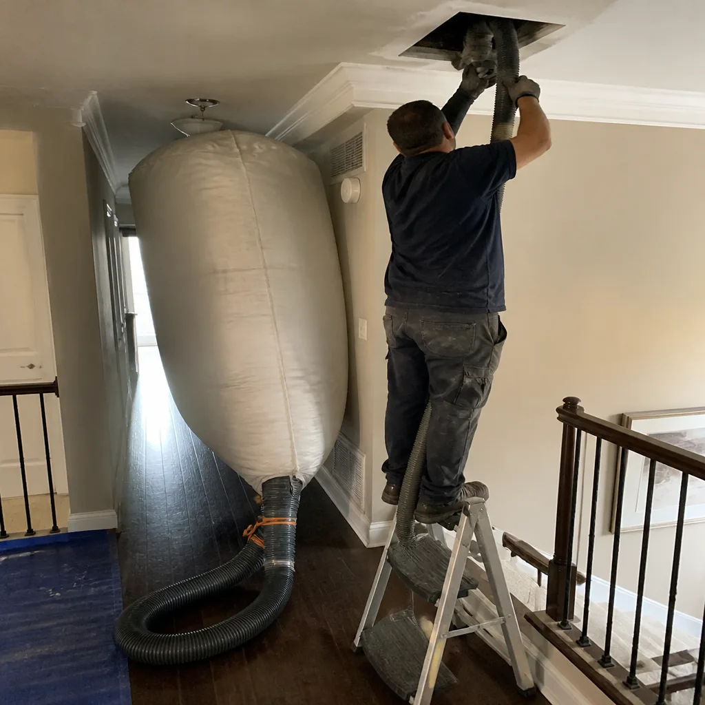 Technician using a vacuum hose for professional residential air duct cleaning