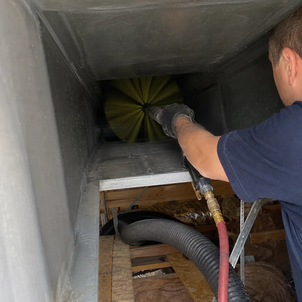 Technician using a rotating brush for professional air duct cleaning service