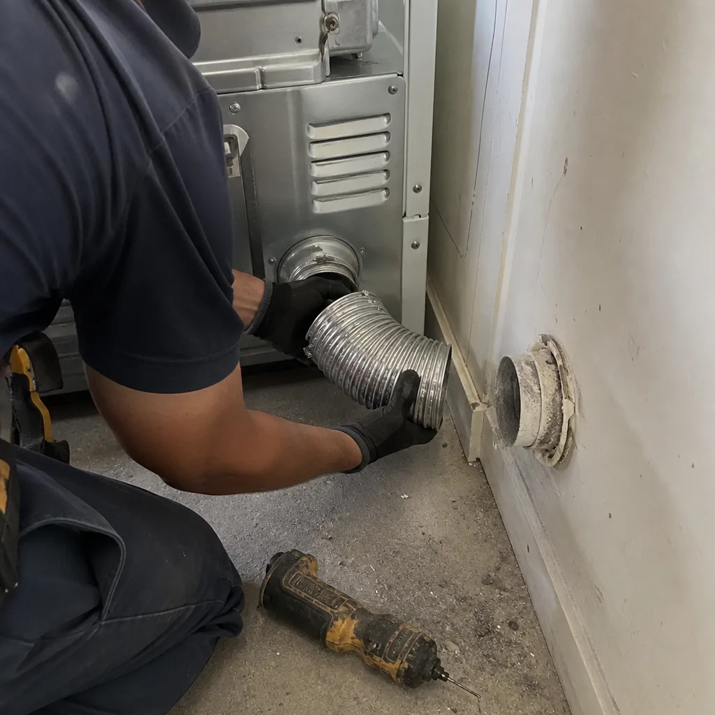 Technician connecting metal flexible vent hose to dryer for maintenance