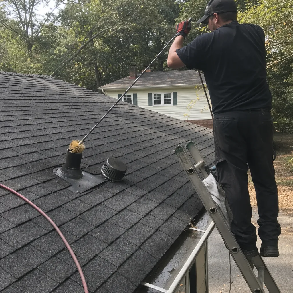 Technician performing professional dryer vent cleaning services from a rooftop ladder