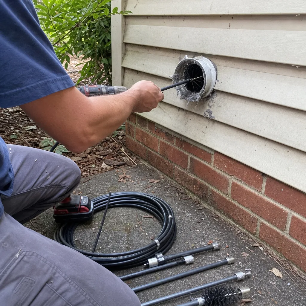 Technician using a rotating brush tool to clean dryer vent lint